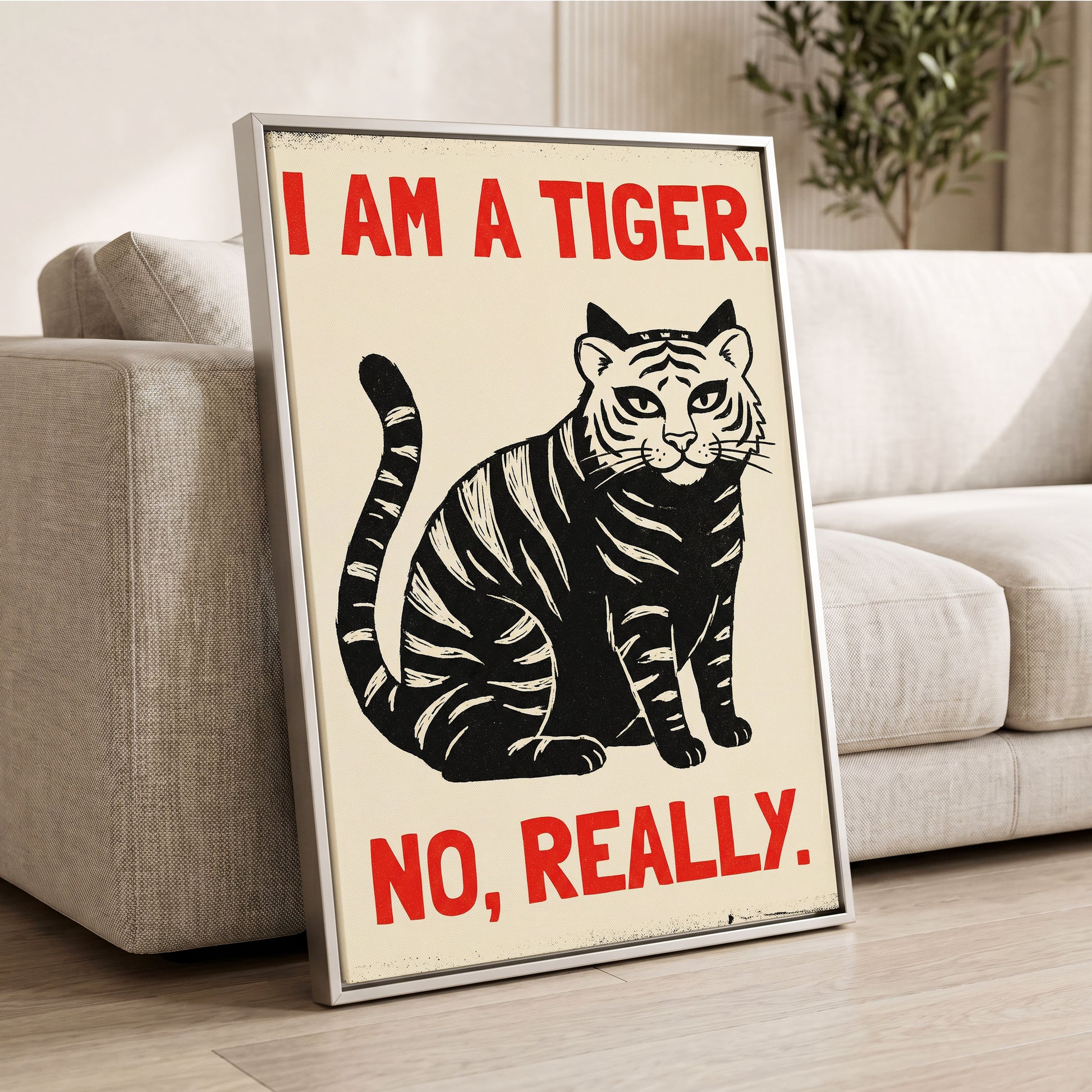 Tiger, Honestly, black, beige, red nature wall art displayed in a styled interior, gallery view 2