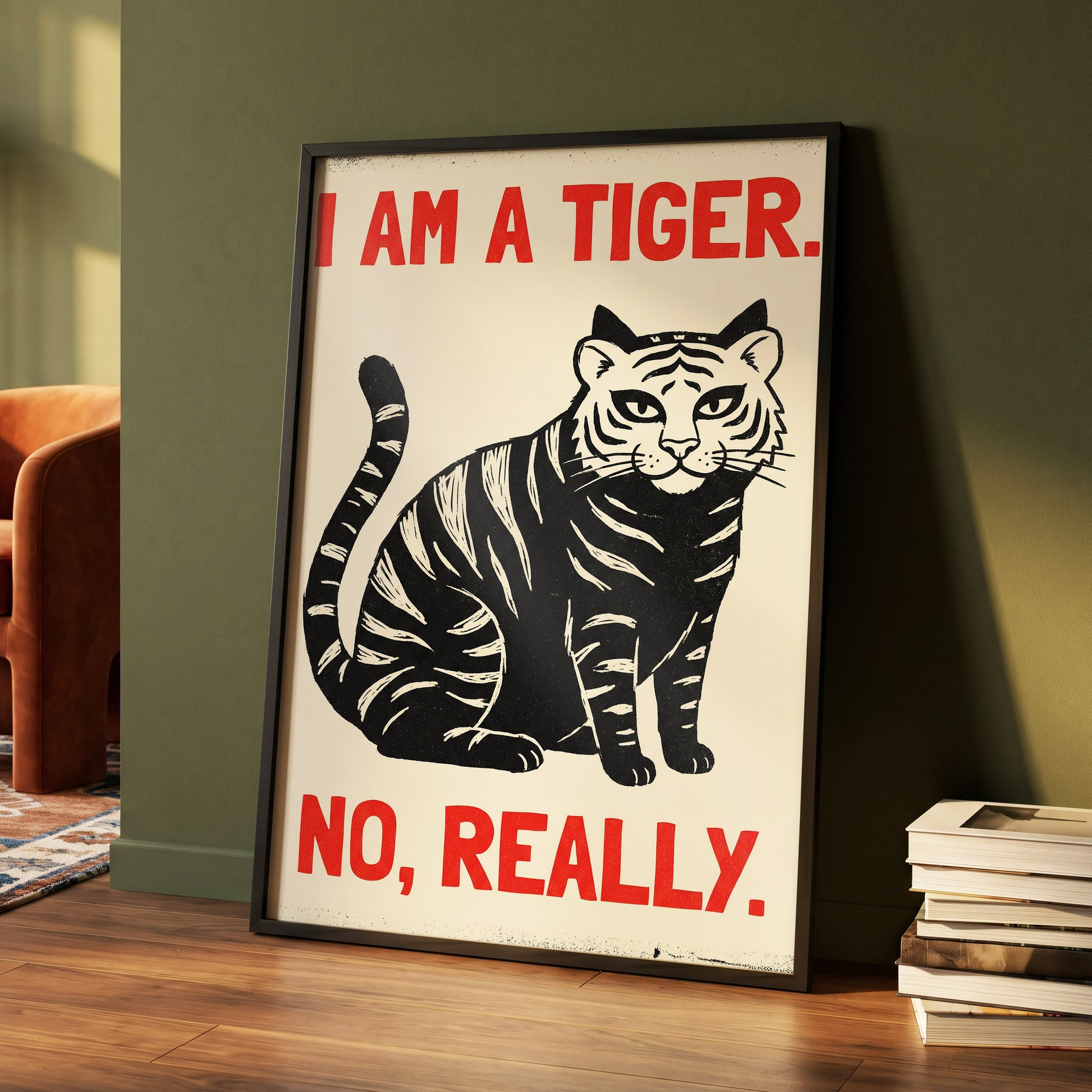 Tiger, Honestly, black, beige, red nature wall art displayed in a styled interior, gallery view 4
