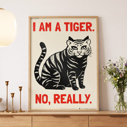 Tiger, Honestly, black, beige, red nature wall art displayed in a styled interior, gallery view 5