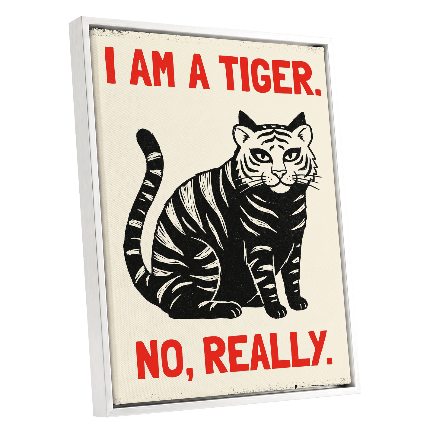 Tiger, Honestly, black, beige, red nature wall art shown as a white framed canvas wall art