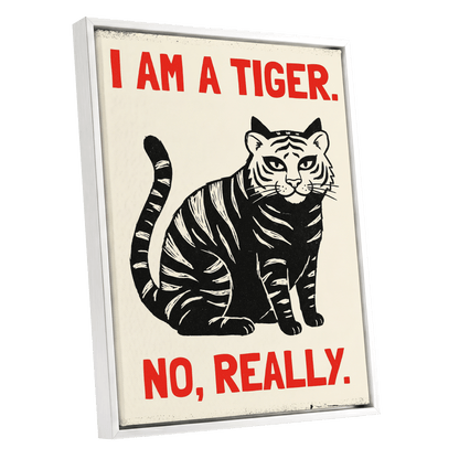 Tiger, Honestly, black, beige, red nature wall art shown as a white framed canvas wall art
