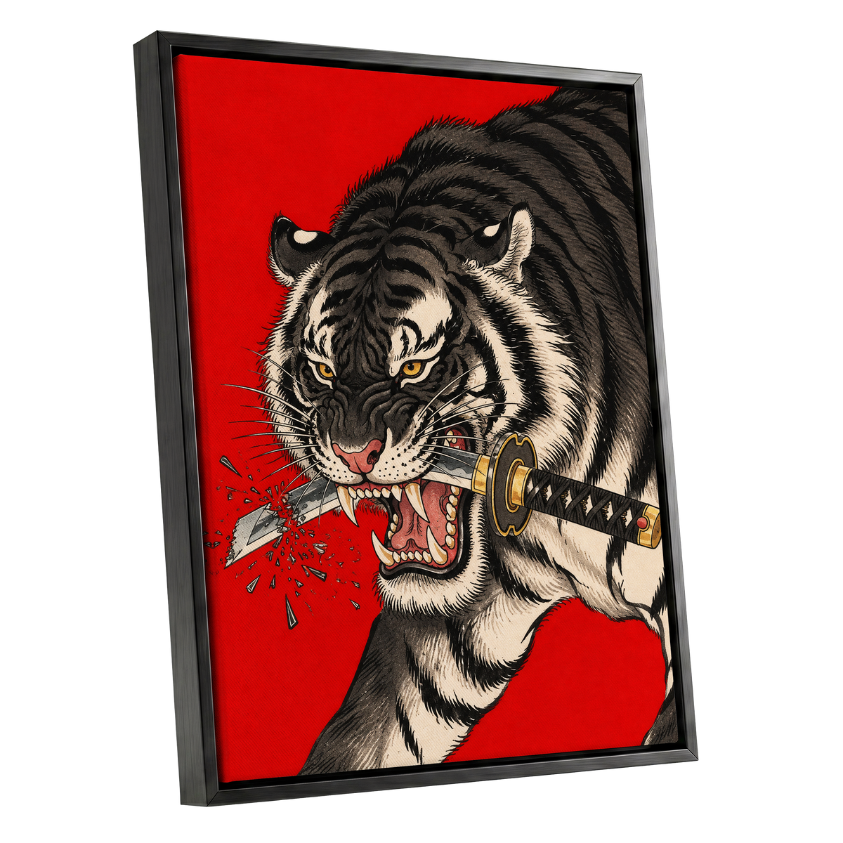 Tiger's Edge, red, black, beige nature wall art shown as a black framed canvas wall art