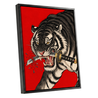 Tiger's Edge, red, black, beige nature wall art shown as a black framed canvas wall art