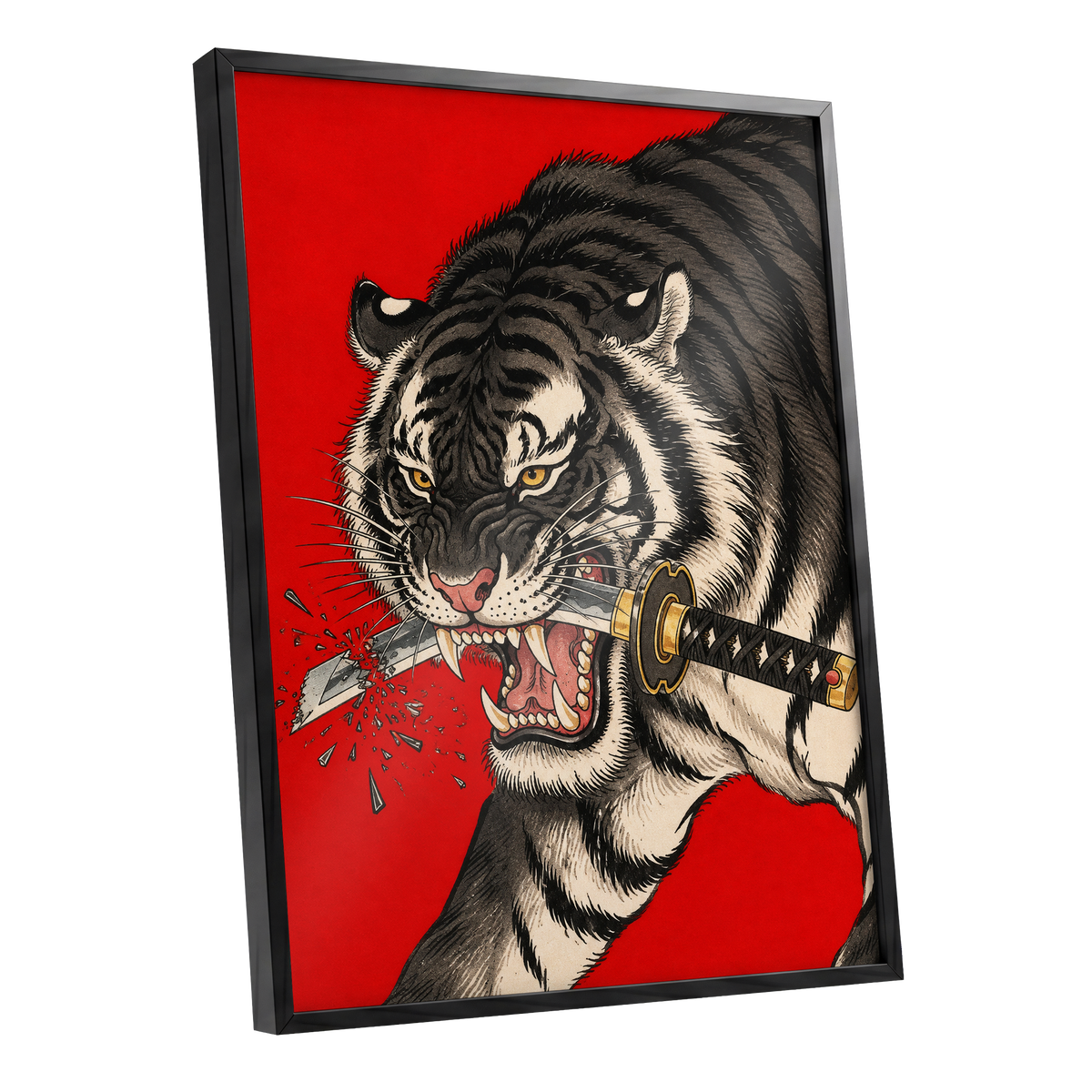 Tiger's Edge, red, black, beige nature wall art shown as a black framed poster wall art print