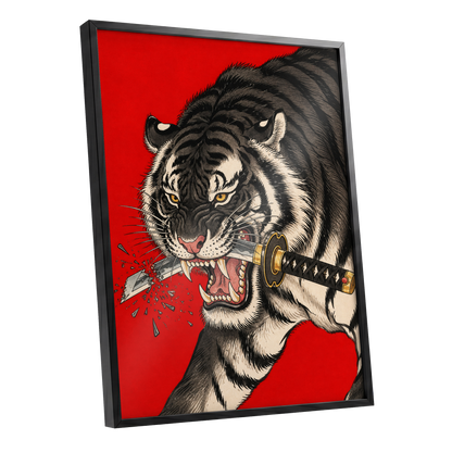 Tiger's Edge, red, black, beige nature wall art shown as a black framed poster wall art print