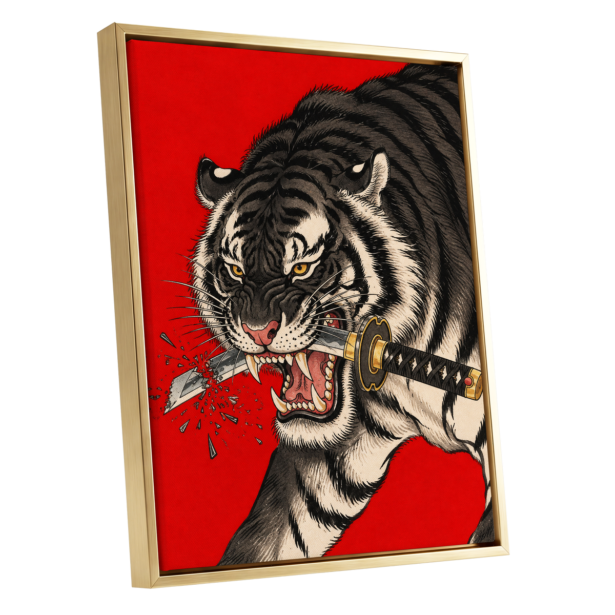 Tiger's Edge, red, black, beige nature wall art shown as a gold framed canvas wall art