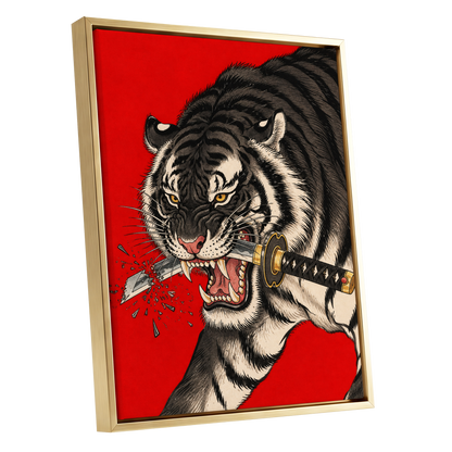 Tiger's Edge, red, black, beige nature wall art shown as a gold framed canvas wall art
