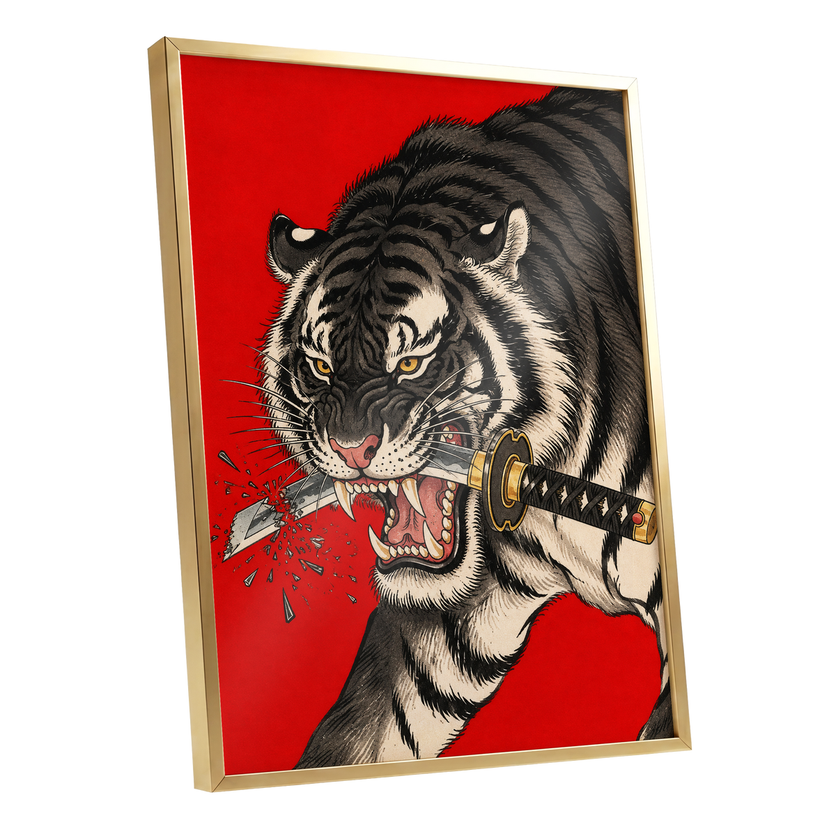 Tiger's Edge, red, black, beige nature wall art shown as a gold framed poster wall art print