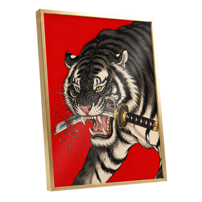 Tiger's Edge, red, black, beige nature wall art shown as a gold framed poster wall art print