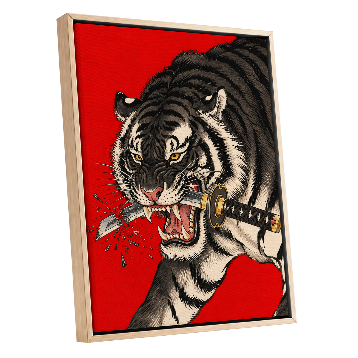 Tiger's Edge, red, black, beige nature wall art shown as a oak framed canvas wall art
