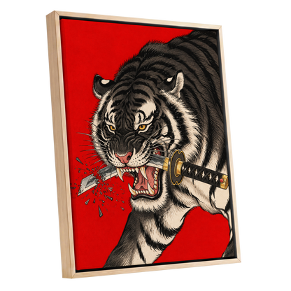 Tiger's Edge, red, black, beige nature wall art shown as a oak framed canvas wall art