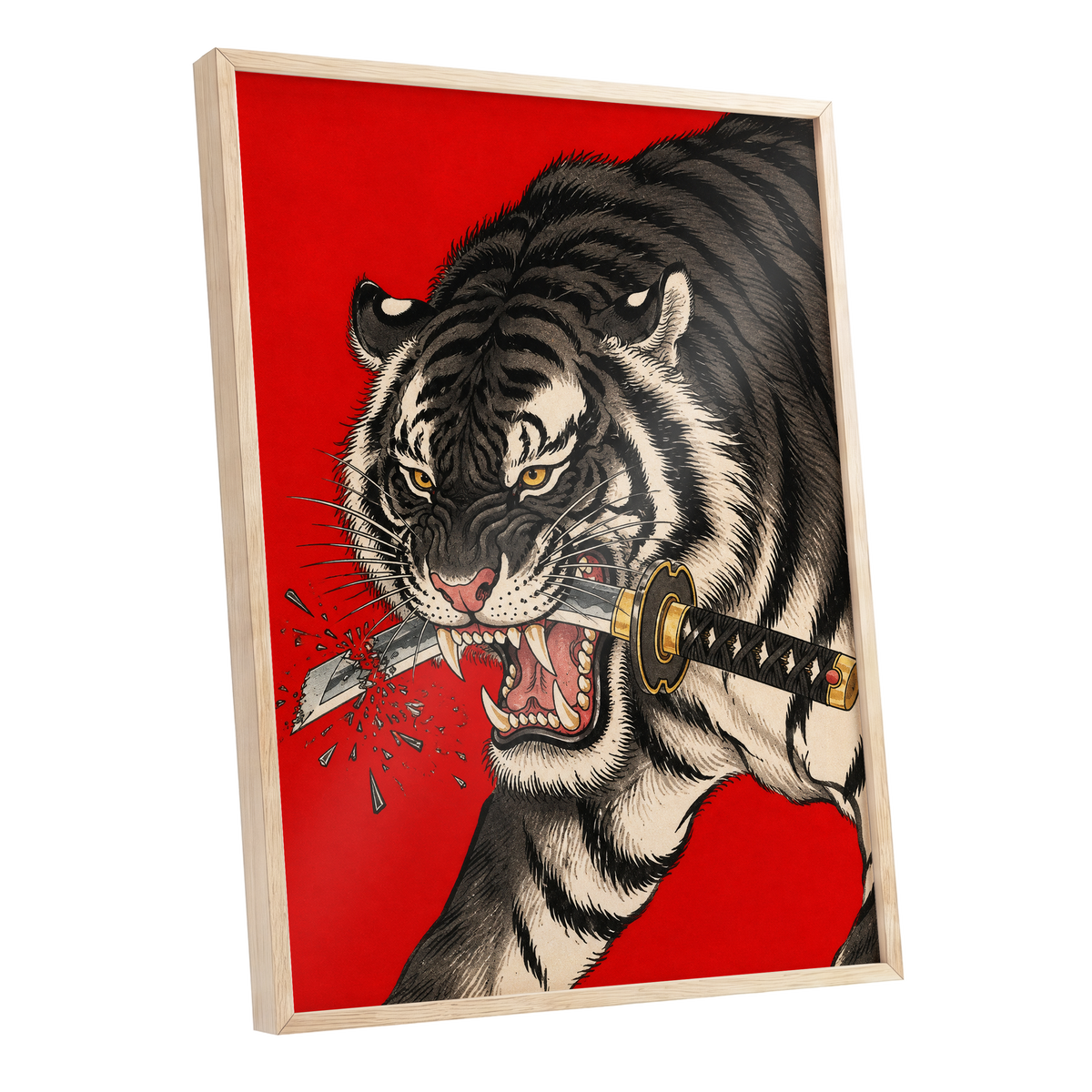 Tiger's Edge, red, black, beige nature wall art shown as a oak framed poster wall art print