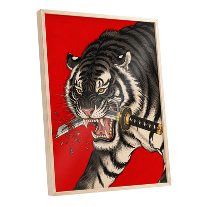 Tiger's Edge, red, black, beige nature wall art shown as a oak framed poster wall art print