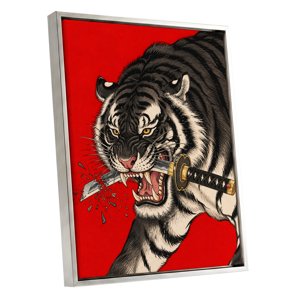 Tiger's Edge, red, black, beige nature wall art shown as a silver framed canvas wall art