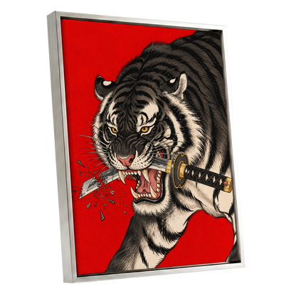 Tiger's Edge, red, black, beige nature wall art shown as a silver framed canvas wall art