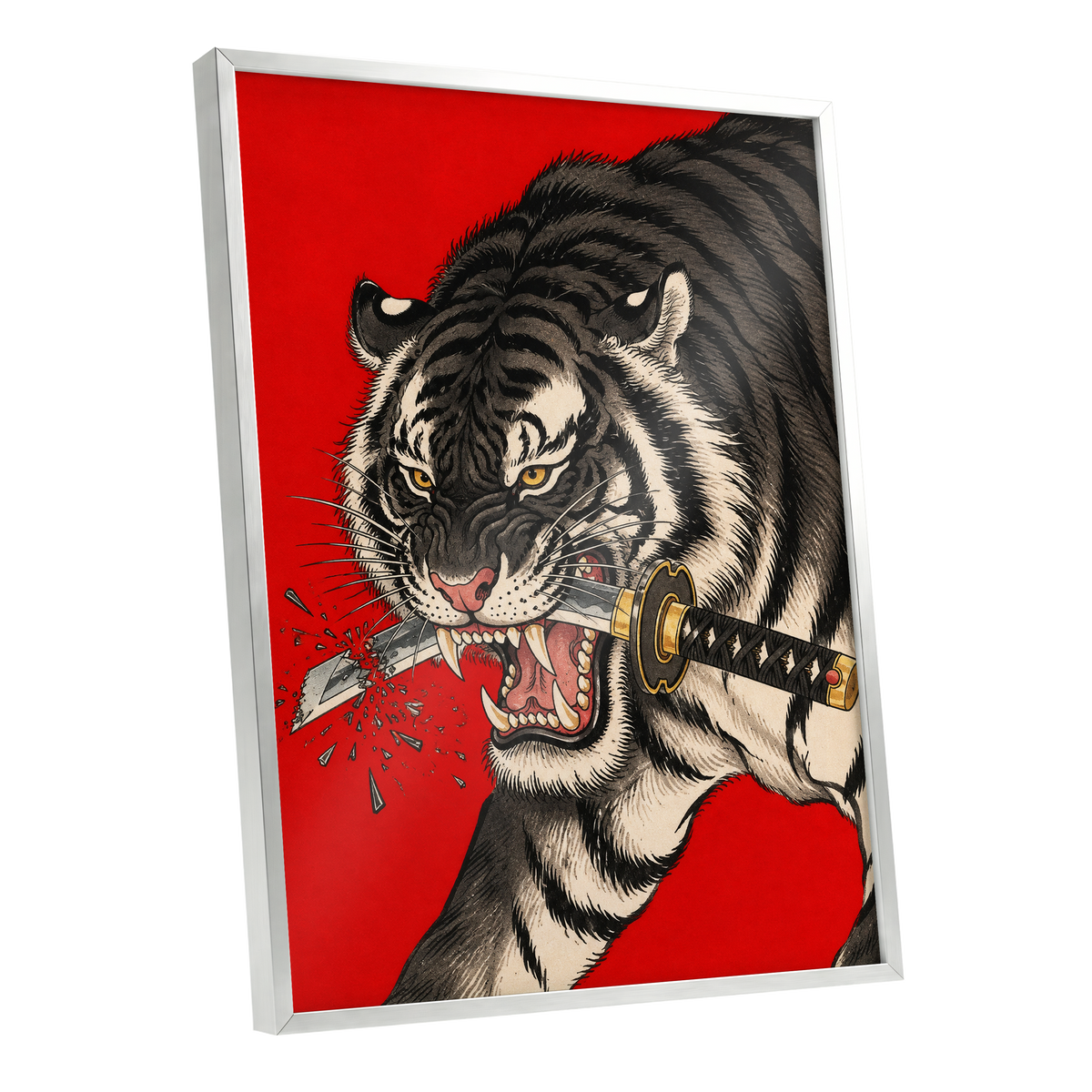 Tiger's Edge, red, black, beige nature wall art shown as a silver framed poster wall art print
