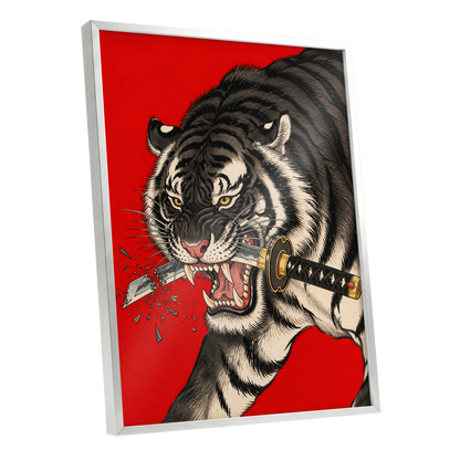 Tiger's Edge, red, black, beige nature wall art shown as a silver framed poster wall art print