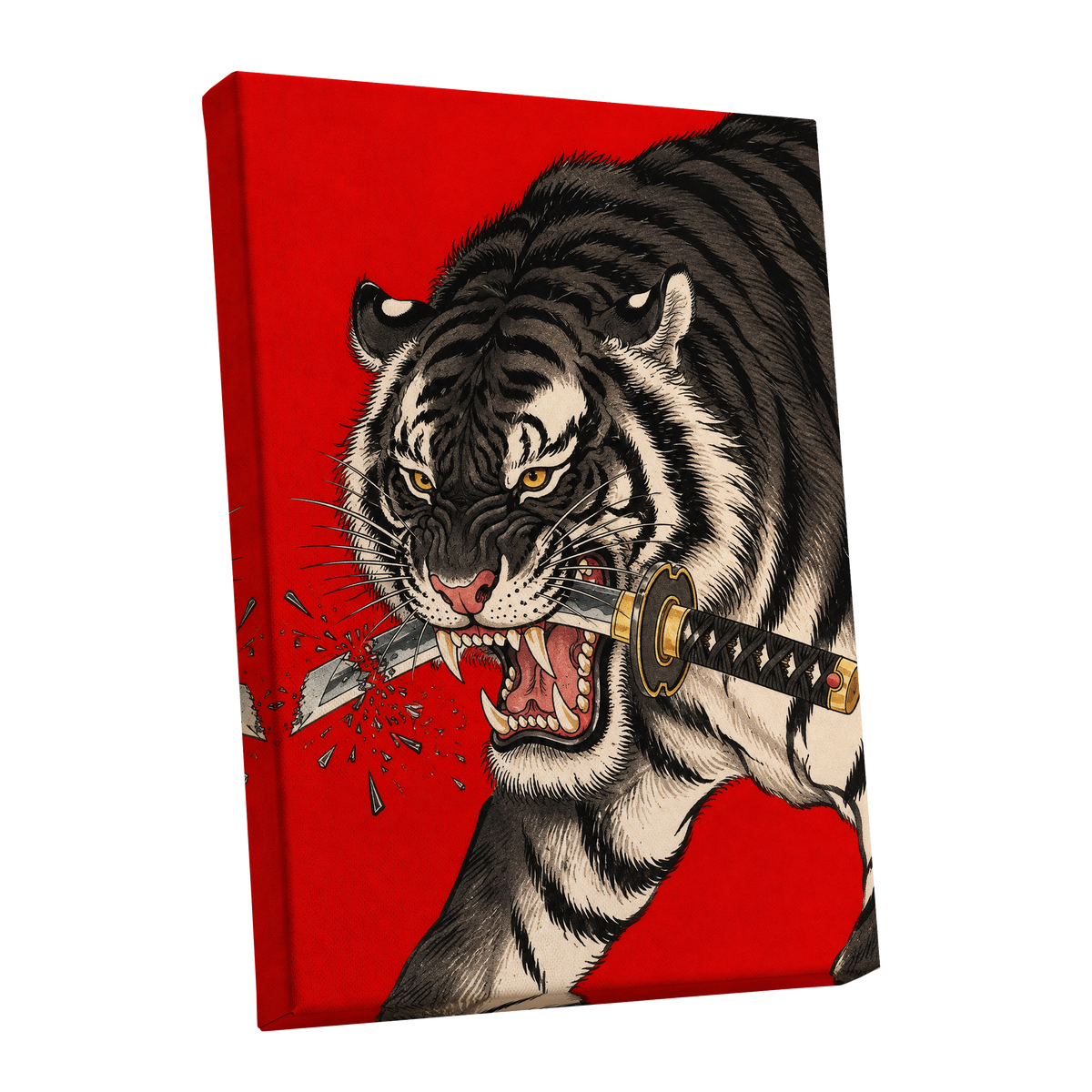 Tiger's Edge, red, black, beige nature wall art shown as a stretched canvas wall art
