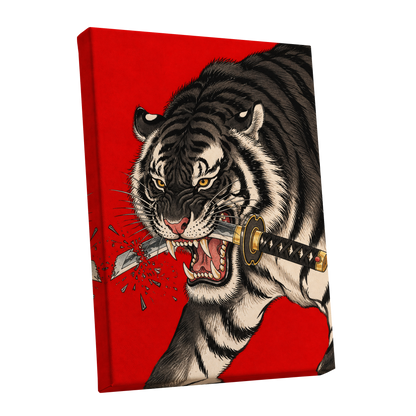 Tiger's Edge, red, black, beige nature wall art shown as a stretched canvas wall art