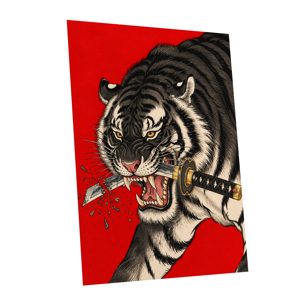 Tiger's Edge, red, black, beige nature wall art shown as a unframed poster wall art print