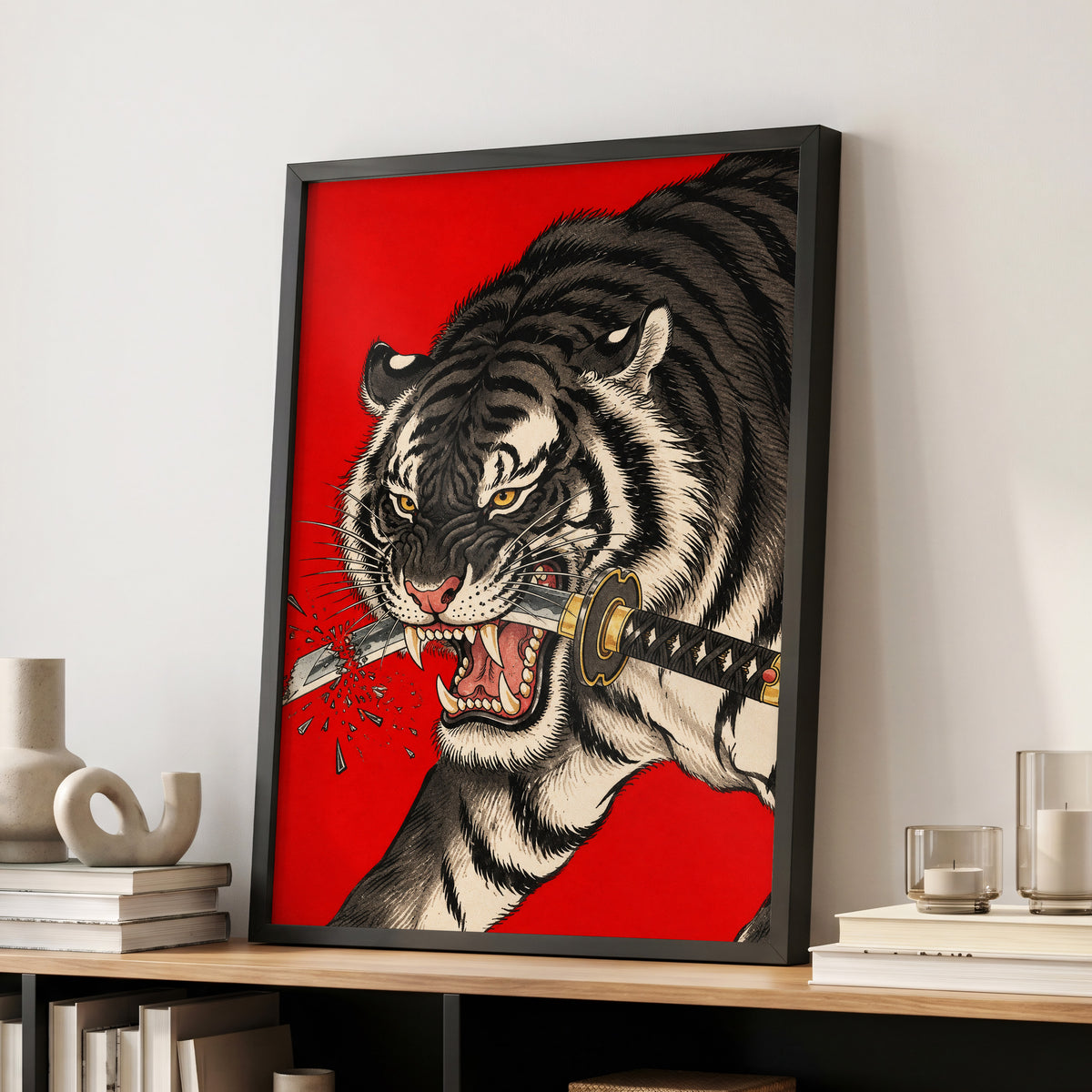 Tiger's Edge, red, black, beige nature wall art displayed in a styled interior, gallery view 2