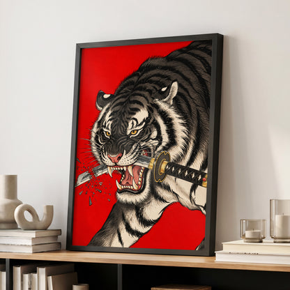 Tiger's Edge, red, black, beige nature wall art displayed in a styled interior, gallery view 2
