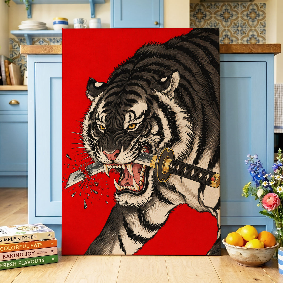 Tiger's Edge, red, black, beige nature wall art displayed in a styled interior, gallery view 3