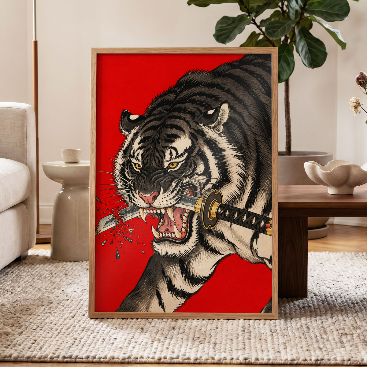 Tiger's Edge, red, black, beige nature wall art displayed in a styled interior, gallery view 6