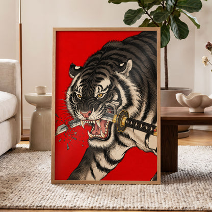 Tiger's Edge, red, black, beige nature wall art displayed in a styled interior, gallery view 6