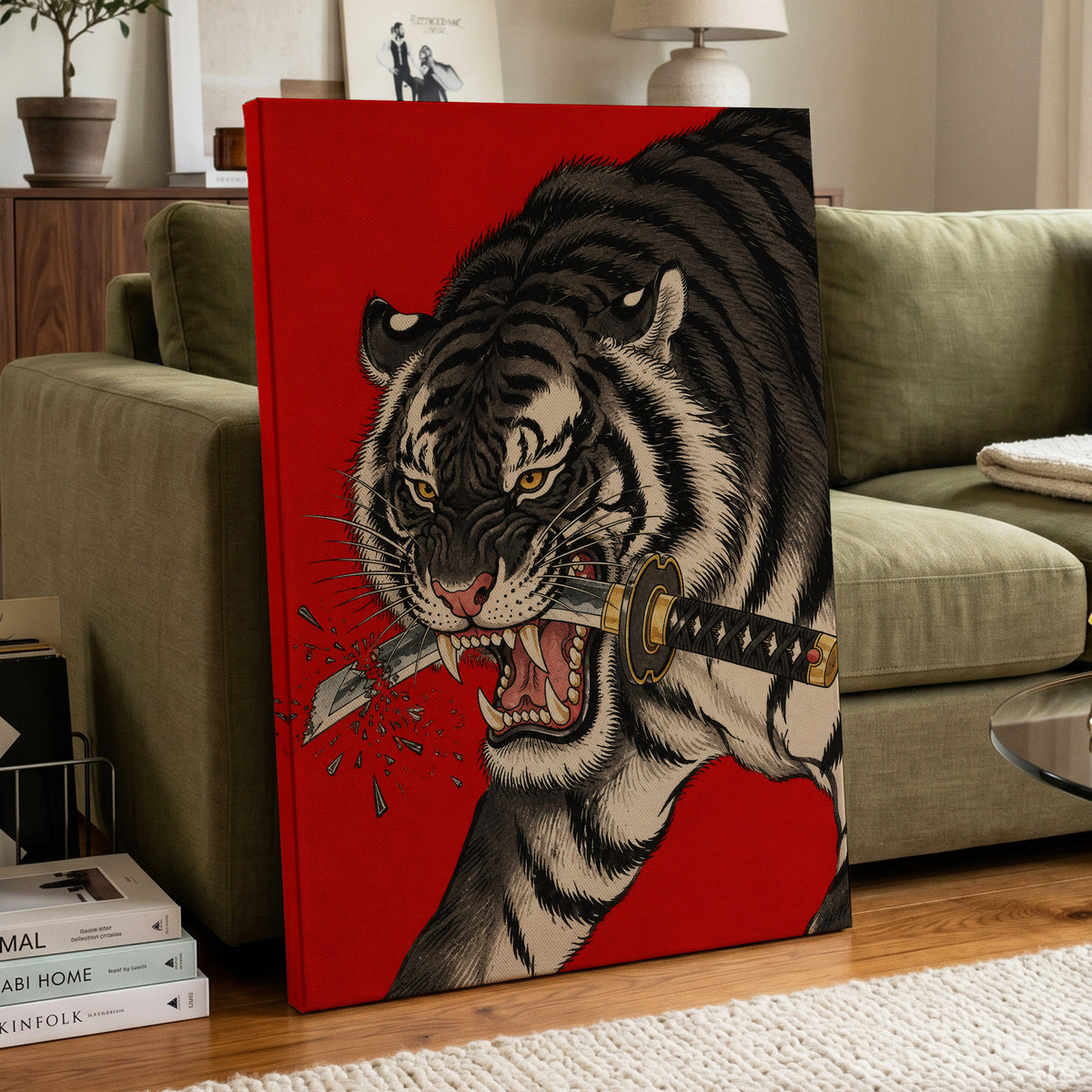Tiger's Edge, red, black, beige nature wall art displayed in a styled interior, gallery view 7