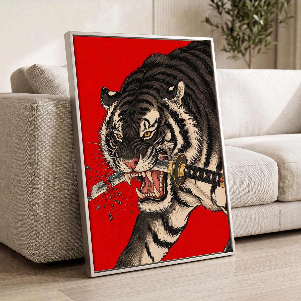 Tiger's Edge, red, black, beige nature wall art displayed in a styled interior, gallery view 8