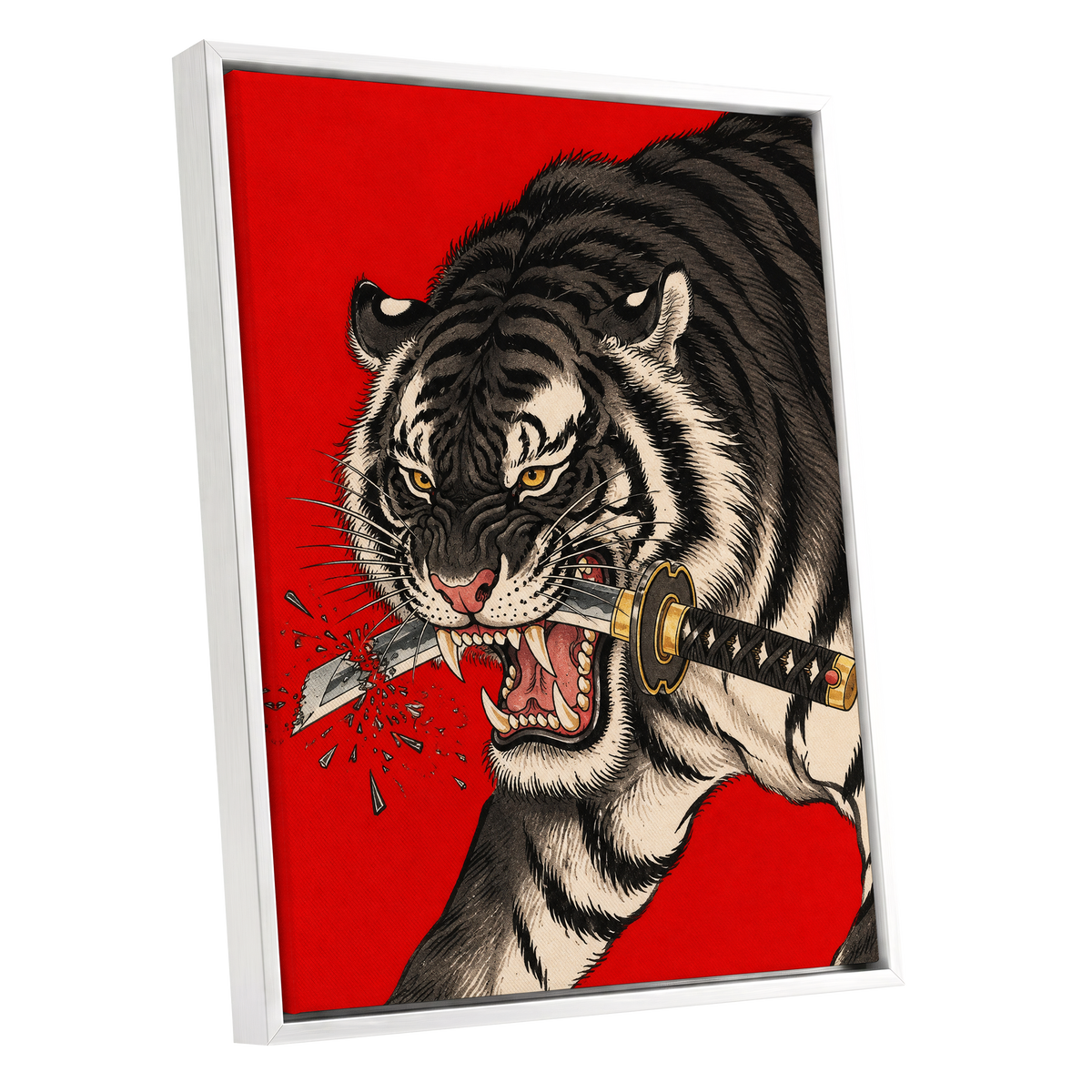 Tiger's Edge, red, black, beige nature wall art shown as a white framed canvas wall art