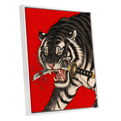 Tiger's Edge, red, black, beige nature wall art shown as a white framed canvas wall art