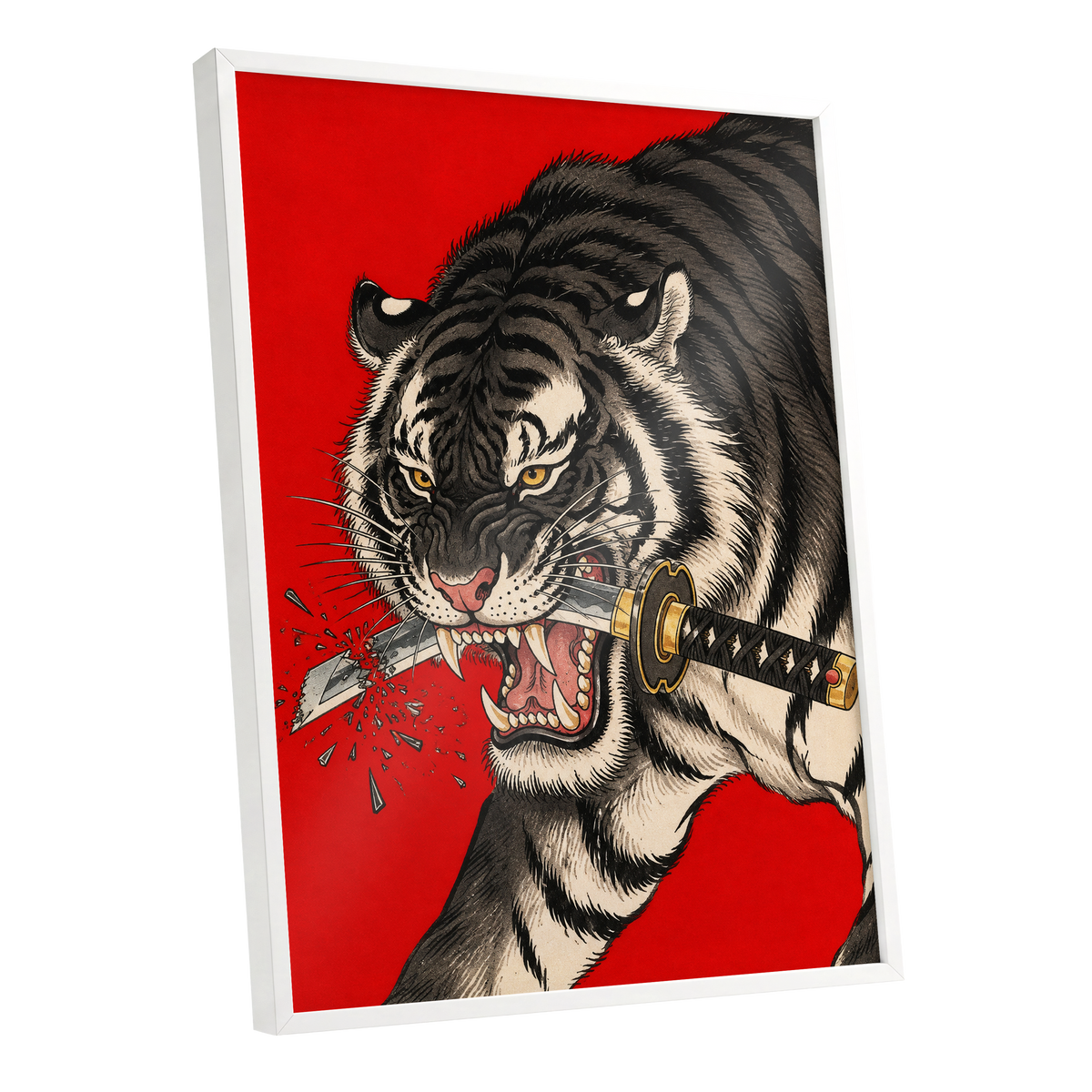 Tiger's Edge, red, black, beige nature wall art shown as a white framed poster wall art print