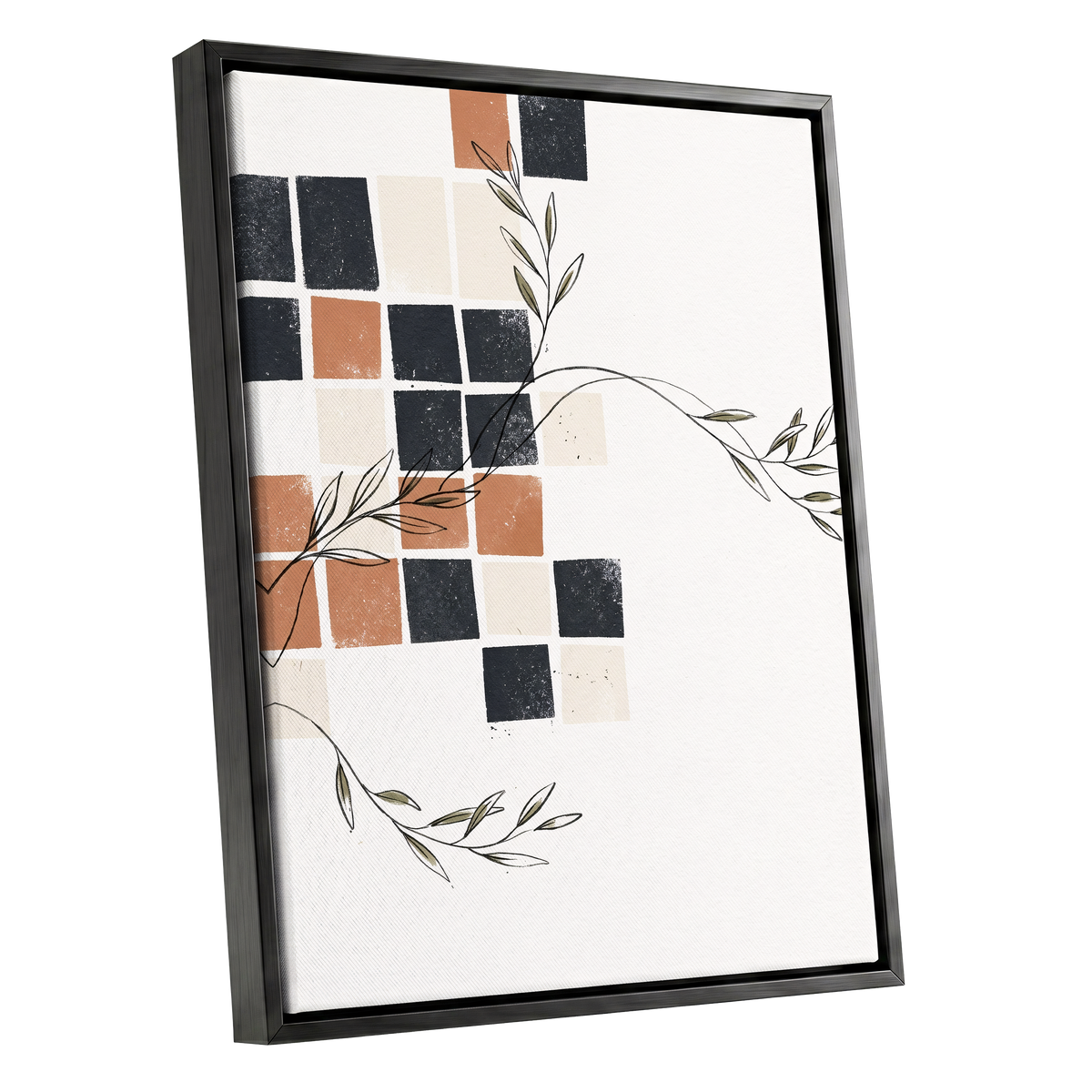 Tiled Olive Rhythm, white, black, brown nature wall art shown as a black framed canvas wall art