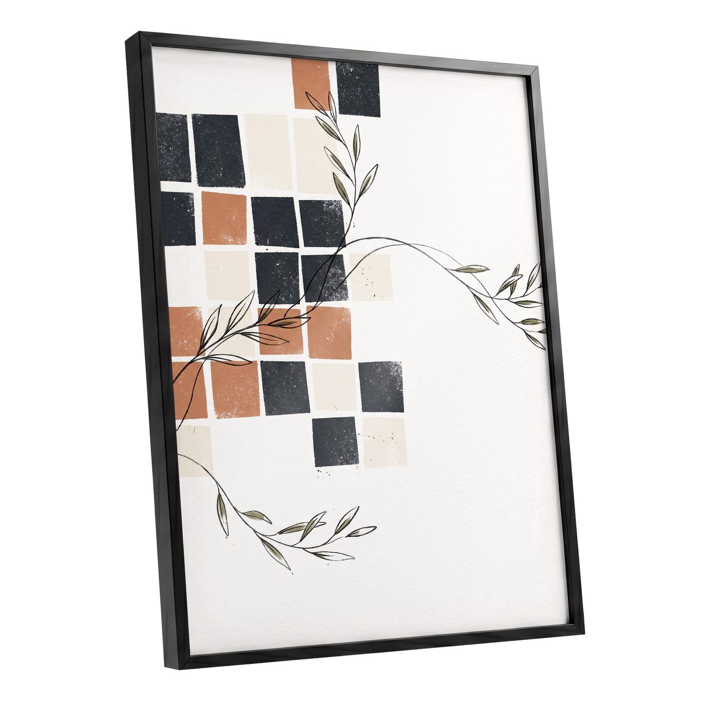 Tiled Olive Rhythm, white, black, brown nature wall art shown as a black framed poster wall art print