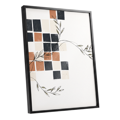 Tiled Olive Rhythm, white, black, brown nature wall art shown as a black framed poster wall art print