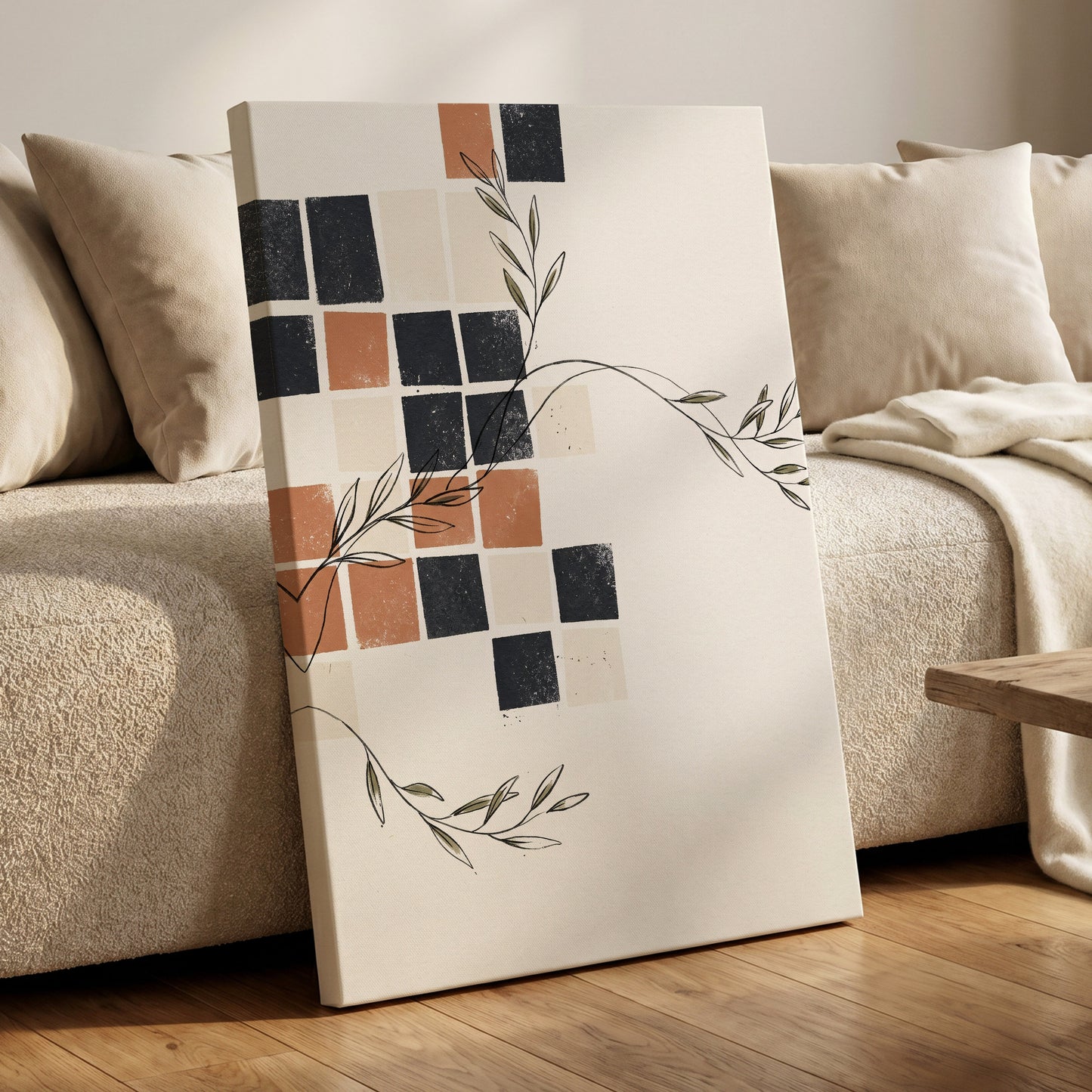 Tiled Olive Rhythm, white, black, brown nature wall art on canvas displayed in a styled interior, gallery view 1