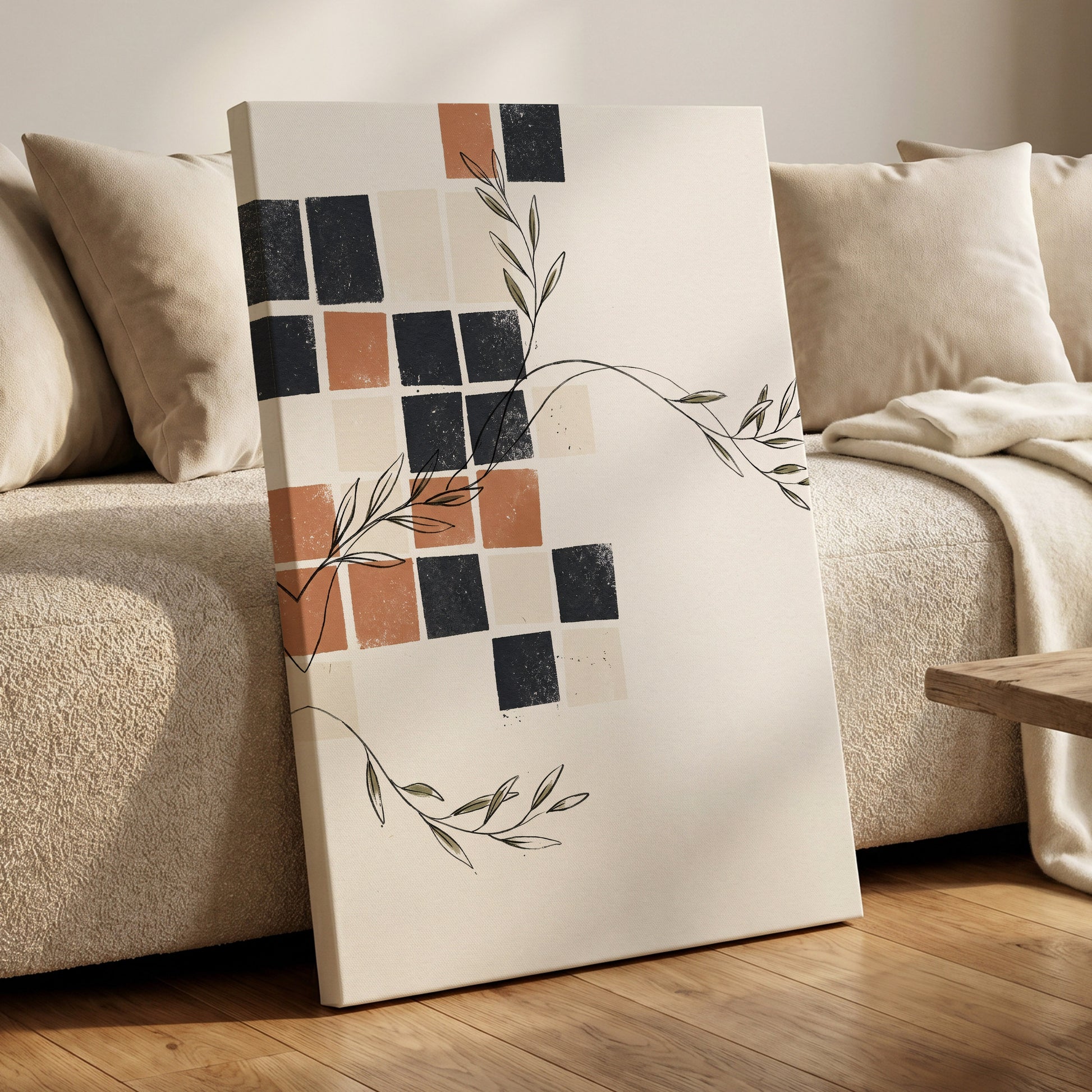 Tiled Olive Rhythm, white, black, brown nature wall art on canvas displayed in a styled interior, gallery view 1