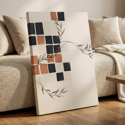 Tiled Olive Rhythm, white, black, brown nature wall art on canvas displayed in a styled interior, gallery view 1