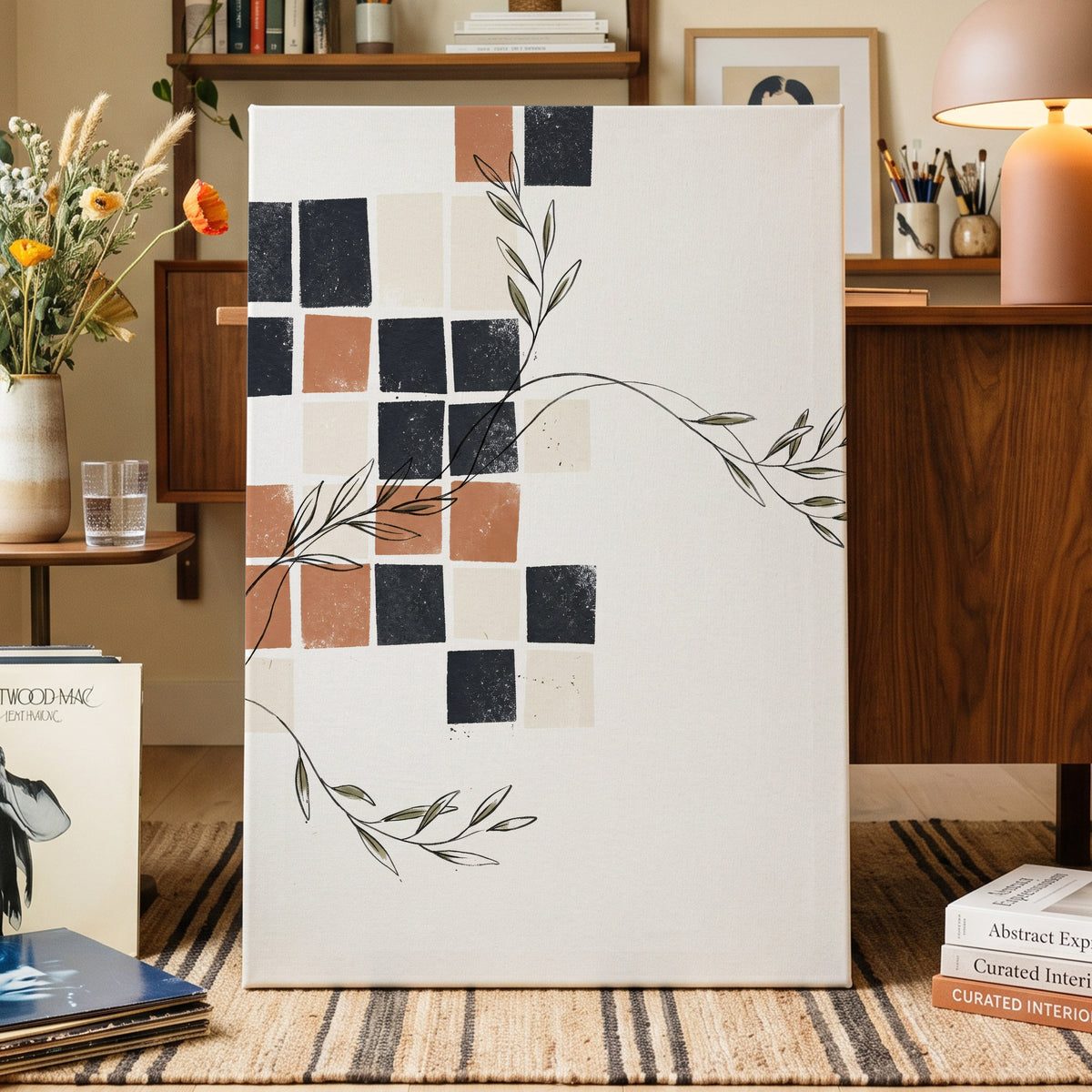 Tiled Olive Rhythm, white, black, brown nature wall art on canvas displayed in a styled interior, gallery view 2