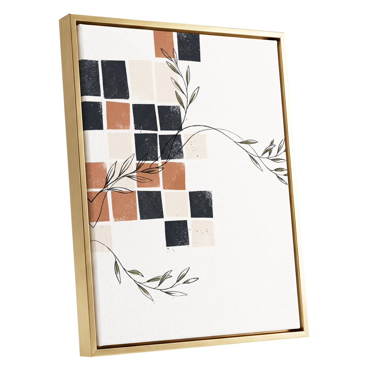 Tiled Olive Rhythm, white, black, brown nature wall art shown as a gold framed canvas wall art
