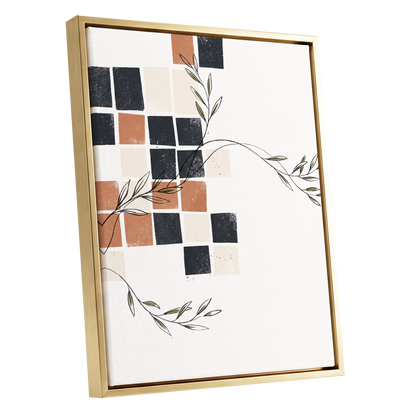 Tiled Olive Rhythm, white, black, brown nature wall art shown as a gold framed canvas wall art