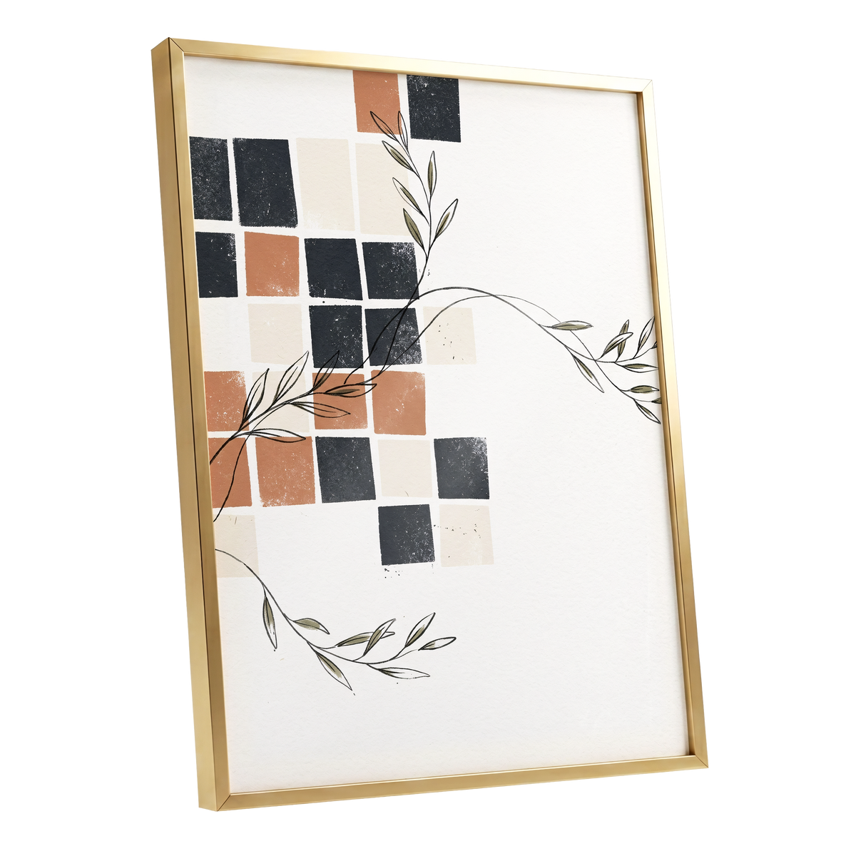 Tiled Olive Rhythm, white, black, brown nature wall art shown as a gold framed poster wall art print