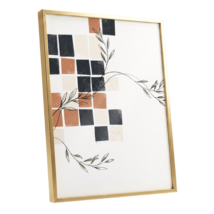 Tiled Olive Rhythm, white, black, brown nature wall art shown as a gold framed poster wall art print