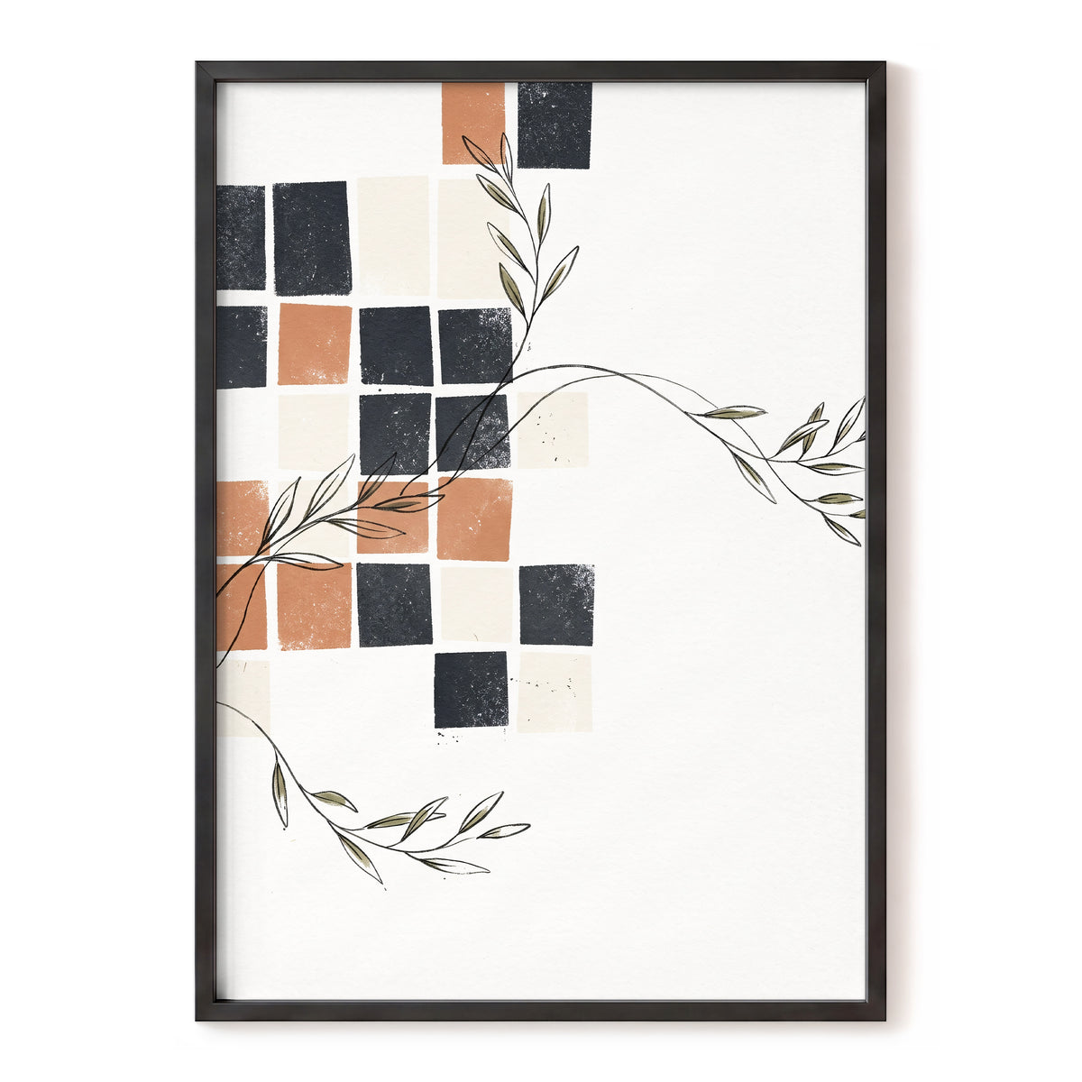 Tiled Olive Rhythm, white, black, brown nature wall art, front artwork view
