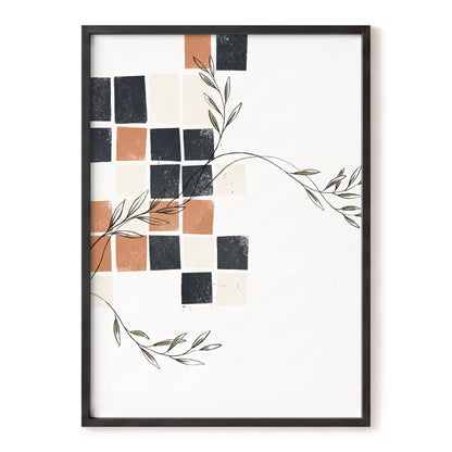 Tiled Olive Rhythm, white, black, brown nature wall art, front artwork view