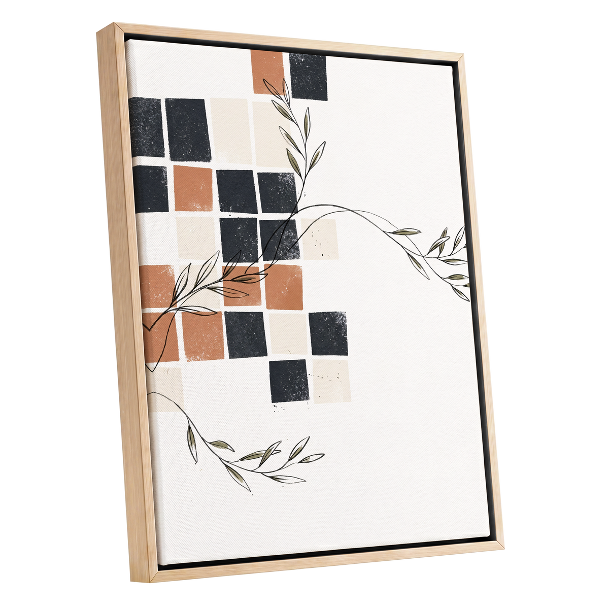 Tiled Olive Rhythm, white, black, brown nature wall art shown as a oak framed canvas wall art