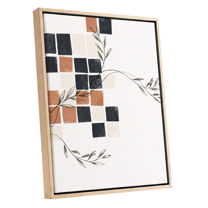 Tiled Olive Rhythm, white, black, brown nature wall art shown as a oak framed canvas wall art
