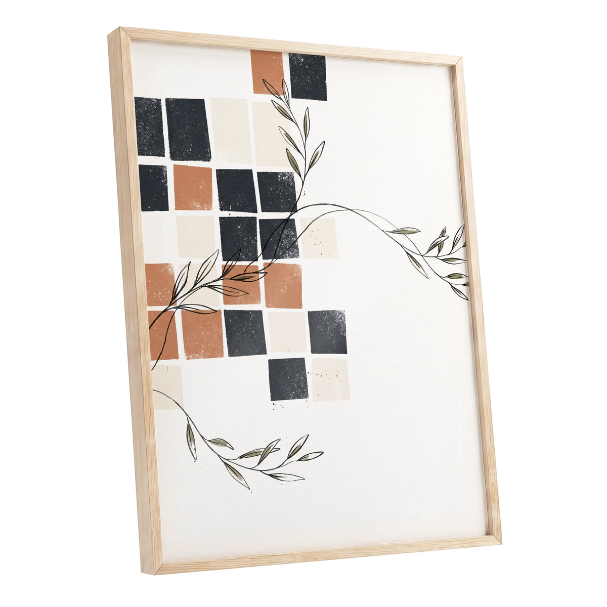 Tiled Olive Rhythm, white, black, brown nature wall art shown as a oak framed poster wall art print